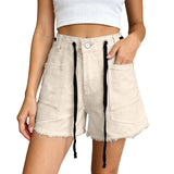 Purpdrank  Women's Blush Denim Shorts High Waist Frayed Hem Drawstring Casual Summer Jean Shorts American Retro Wide Leg A Line Hot Pants