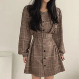 Purpdrank  Autumnal Midi Dr with Single Button Closure Puff Sves Waist Cinching Chic Retro Sle Long Sve Commute Wear