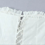 Purpdrank  Summer White Embroidery Hollow Out Hole Wood ears Bow Ruched Chest Corset Camisole Women Cross Lacing up Bow Back Tank Top