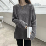 Purpdrank  Women's Korean-Style Loose Pullover Sweater Autumn Winter Vertical Strip Solid Color All-match Lazy Style Outer Wear