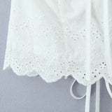 Purpdrank  Summer White Embroidery Hollow Out Hole Wood ears Bow Ruched Chest Corset Camisole Women Cross Lacing up Bow Back Tank Top