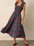 Purpdrank  Women Casual Sleeveless Pleated Long Dress Fashion Hight Waist Loose Party Dress Vintage Christmas Plaid Print Suspender Dress