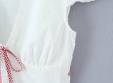 Purpdrank  Sexy White Embroidery Hole Lace Spliced Red Bow V neck Short Puff Sleeve Shirt Women Lacing Up Sashes Back side Zipper Crop Tops