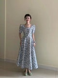 Purpdrank  French Print Dress Women's Summer Waist Square Neck Dress