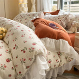 Purpdrank  Skin Friendly Printed Bedding Set With Lace Duvet Cover Bed Sheet Pillowcases A-Class Four Piece Set Bedroom Decor Home Textiles