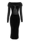 Purpdrank  Sexy Black Velvet Off-Shoulder Leopard Mesh Fur Trim Maxi Dress Women's Long Sleeve Patchwork Bodycon Evening Party Dress