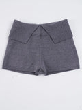 Purpdrank  Women Casual Gray Knit Shorts American Retro Style Folded Slit Elastic Waist Slim Pure Color Stretch Shorts for Home Wear