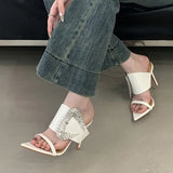Purpdrank  Fashion Design Big Crystal Rhinestone Buckle Women Slippers Sandals Sexy Pointed Toe Mules High Heels Banquet Party Shoes