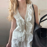 Purpdrank  Cotton Floral Embroidered Blouse Shirt Casual Sleeveless V Neck Lace-up Boho Beach Summer Women's Blouses Layered Lace Shirt