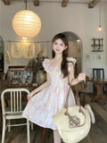 Purpdrank  French Ruffled Lace Square Neck Small Flying Sleeve Floral Dress Summer New Style Waist-hugging Short Skirt