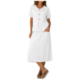 Purpdrank  Women Summer Skirts Two Piece Set Peter Pan Collar Short Sleeve Top And Midi Skirt With Pockets Cotton Linen Matching Sets