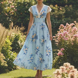 Purpdrank  New Summer Sweet Floral Printed A-Line Dress Elegant Women Lace V-Neck Short Sleeve Long Dress Fashion Fluttering Bohemian Dress