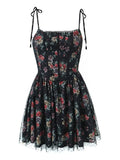 Purpdrank  Sexy Women Black Flower Print Spliced Mesh Bra Corset style Mini Dress Slim Waist Party Skater Bow Lacing up Sling Robe