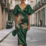 Purpdrank  Digital Printed Pleated Flower Dress Spring Summer Women's New V-neck Short-sleeved Long Dress