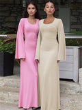 Purpdrank - Scoop Neck Lace-Up Ribbed Maxi Dress Female Long Sleeve Fashion Slim Loose Bandage Dress Autumn 2023 Solid Women Dress New