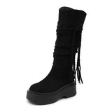 Purpdrank  Winter Platform Tassel Women Western Cowboy Boots Elegant Slip On Shoes Thick Sole Knight Long Botas Zapatos De Mujer