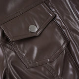 Purpdrank  Safari Style Pu Leather Jacket Slim-Fitting Pockets Turtleneck Zip-Up Long Sleeve Coats Women Autumn Winter Y2K Streetwear