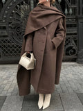 Purpdrank  Vintage Fashion Long Scarf Collar Overcoats Women's Casual Double Breasted Pockets Coats 2025 Autumn Lady High Street Outerwears