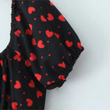 Purpdrank  French Retro Black Print Bow Square Collar Short Elastic Puff Dress Women Zipper Back Slim Waist Slit Hem Mini Dresses Robe Blue