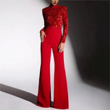 Purpdrank  Embroidery Lace Red Jumpsuits Women Sexy Slim Long-sleeved Belt High Waist Jumpsuit Female 2025 Casual Lady Party Rompers