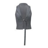 Purpdrank  y2k Tank Top Summer Women Solid Color V Neck Lapel Collar Open Front Sleeveless Buckle Vest 2000s Clothes Clubwear