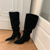 Purpdrank - 2023 New Western Women Knee-High Boots Autumn Winter Cow Suede Leather Quality Office Lady Casual Shoes Retro Black Woman Boots