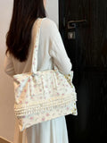 Purpdrank  Large Capacity Lace Edge Shoulder Versatile Portable Casual Women's Bag Spring Floral Tote Bags for Women