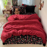 Purpdrank  Winter Velvet Single Queen King Size Bedding Set Cute Fur Ball Duvet Cover Floral Flat/Fitted Bed Sheet Pillowcases 3/4Pcs