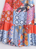 Purpdrank  BOHO Contrast Color Flower Print Midi Long Sling Dress Hippie Women Single-breasted Buttons Ruffles Hem Slit Robe Holiday