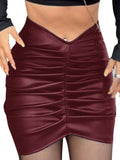 Purpdrank  Elegant Solid PU Leather Ruched Bodycon Skirt for Women Fashion Office Lady Mini Skirt