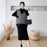 Purpdrank - Autumn Winter Maternity Long Sweaters Striped Vest Sets Thick Warm Dress Suits Clothes for Pregnant Women Pregnancy Wear