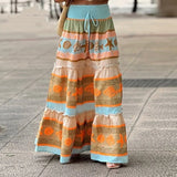 Purpdrank   Spring Summer Vacation Loose Long Skirt Elastic High Waist Hem Bohemian Women's Skirt Vintage Pattern Printed Pleated Half Skirt