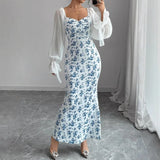 Purpdrank  European and American New Women's Clothing Women's Long Sleeve Chiffon Patchwork Knitted Printed Bodycon Maxi Dress