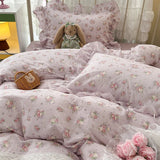 Purpdrank  Double Layer Yarn Pure Cotton French Floral Lace Ruffles Bedding Set Duvet Cover Set Pillowcases With Flat/Fitted Bed Sheet 4Pcs