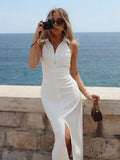 Purpdrank  Summer Sleeveless Single Breasted Dress Fashionable Ladies Slim Fit Collar Solid Color Long Dresses Women's Clothing