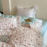 Purpdrank  Korean Princess Style Lace Ruffles Floral Bedding Set 100% Cotton Duvet Cover Bed Sheet/Fitted Sheet/Bed Skirt Pillowcases 3/4Pc