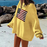 Purpdrank  Retro American Style Streetwear Star Flag Pattern Loose Fit Crewneck Pullover Knit Sweater Women's Top