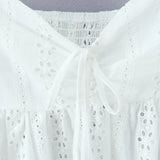 Purpdrank  Sweet White Hollow Out Embroidery Hole Bow V neck Wood ears Sleeve Tank Top Women Summer Elastic Back Swing Hem Vest Crop Top