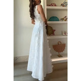 Purpdrank  Casual Spring Loose O Neck Lace Appliques Bandage Sleeveless Hollow Out Beach Vacation Long Dress Summer Party Dress for Women