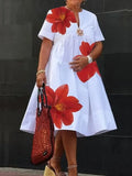 Purpdrank  Plus Size Casual Midi Dress for Women 2025 Summer Deep V-Neck Flower Printed Loose Short Sleeves Shirt Dress for Ladies
