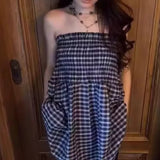 Purpdrank  2 style wears Retro French Blue Gingham Plaid Print Sling Dress Sexy Elastic Body Summer Woman Dresses Strapless Holiday Robe