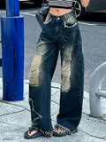 Purpdrank  High Street Denim Women's Long Trousers Retro Star Hollow Out Female Wide-leg Trousers Vintage High Waist Pockets Lady Pants