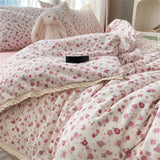 Purpdrank  Bedding Set INS Girls Cherry Soft Washed Cotton Bed Sheet Queen King Size Duvet Set Flower Comforter Set Pillowcase Bed Linens