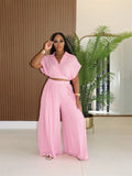 Purpdrank  Elegant Fashion Vacation Casual Outfits Women Two Piece Set Turn-down Collar Crop Top and Wide Leg Pants Matching Sets Birthday
