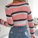 Purpdrank  Women Striped Crochet Knit Crop Top Color Block Stripe V Neck Tie Front Long Sleeve Hollow Out Cardigan Y2k Harajuku Streetwear