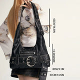 Purpdrank  Belt buckle Women PU Rivet Multiple Pockets Shoulder Bag for Women Y2k Gothic Aged Leather New Designer Luxury Fashion Tote Bag