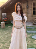 Purpdrank  French Style Summer Elegant Women 2 Piece Set Y2k Ruffle Off Shoulder Crop Top High + Waist A-line Long Skirt Female Outfits New