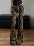 Purpdrank  Fashion New Leopard Print Flare Pants Women's Drawstring Tie Up Waist Slim Long Trousers Hot Girl Streetwear Trendy Pants