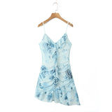 Purpdrank  Sexy Bow Ruffles V neck Tie-dye Print Mini Sling Dress Women Hollow Out Front Ruched Package Hips Irregular Robe Holiday