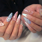 Purpdrank  24pcs 3D Blue Heart Press on Nails Medium Almond Fake Nails with Glue Full Cover Pink Gradient Y2k False Nails Sweet Cool Nail